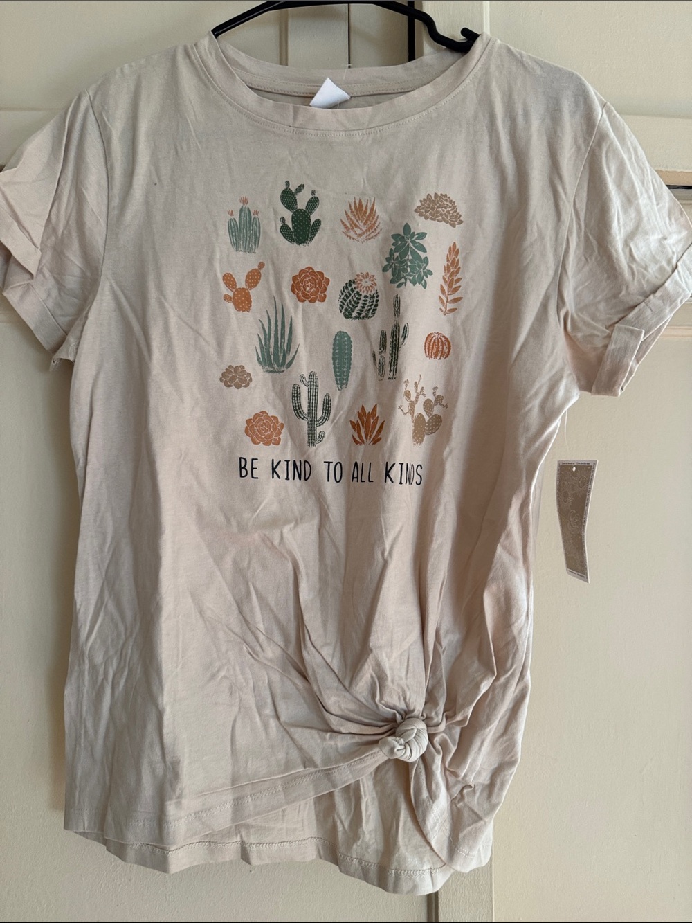 Women Beige Graphic Tee with Cactus Print - "Be Kind to All Kinds"